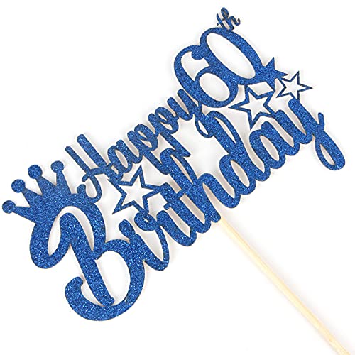 Festiko®Blue Glitter Happy 60th Birthday Cake Topper for Cheers to 60 Years/Queen Men Birthday 60 Years Blessed Anniversary Retirement Party Decorations Supplies - High Grade Color - Image 3