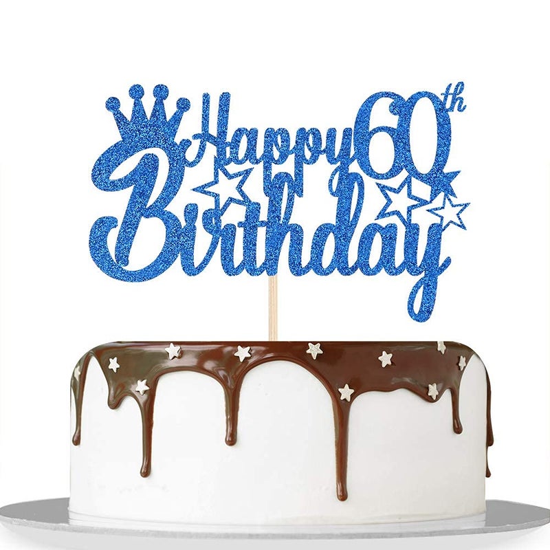 Festiko®Blue Glitter Happy 60th Birthday Cake Topper for Cheers to 60 Years/Queen Men Birthday 60 Years Blessed Anniversary Retirement Party Decorations Supplies - High Grade Color - Image 5