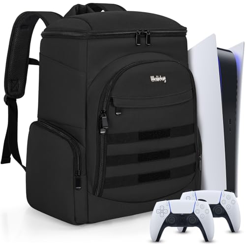 WELIDAY Gaming Console Backpack Compatible with PS5/PS5 Slim/PS5 Pro/ PS4 / Xbox One, Protective Travel Carrying Case with 15.6″ Laptop Compartment, Multiple Pockets for Accessories(Black) - Image 1