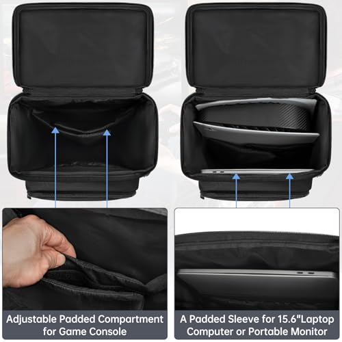 WELIDAY Gaming Console Backpack Compatible with PS5/PS5 Slim/PS5 Pro/ PS4 / Xbox One, Protective Travel Carrying Case with 15.6″ Laptop Compartment, Multiple Pockets for Accessories(Black) - Image 4
