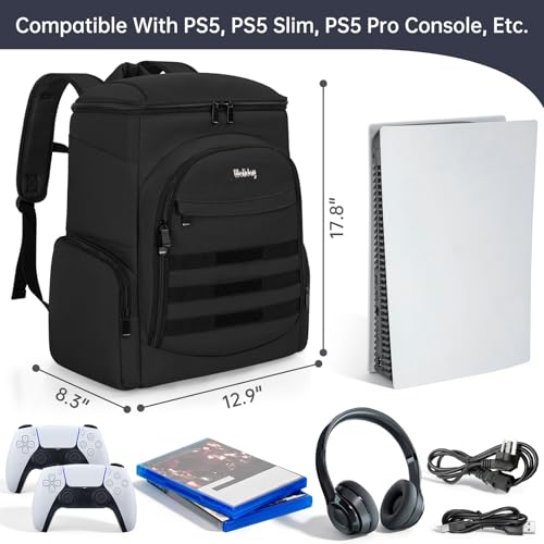 WELIDAY Gaming Console Backpack Compatible with PS5/PS5 Slim/PS5 Pro/ PS4 / Xbox One, Protective Travel Carrying Case with 15.6″ Laptop Compartment, Multiple Pockets for Accessories(Black) - Image 2