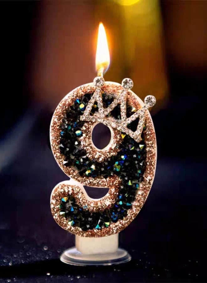 Ssovi Royal Crown Number [9] Birthday Candle, 3D Glitter Black & Gold Rhinestone Cake Topper with Holder, Smokeless Single Metallic Decoration for Party & Anniversary - 1 Piece - Image 1