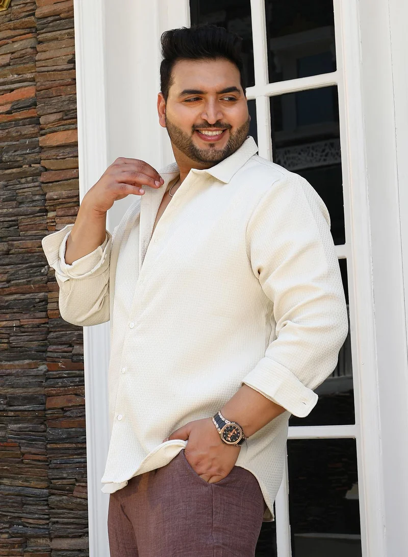 Instafab Plus Instafab Plus Men's Off-White Interweave-Tactile Shirt For Casual Wear | Spread Collar | Long Cuffed Sleeves | Button Closure | Plus Size Shirt Crafted With Comfort Fit For Everyday Wear