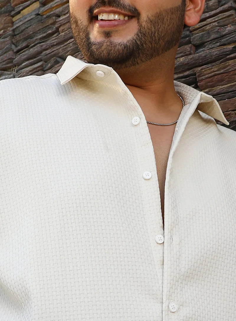 Instafab Plus Instafab Plus Men's Off-White Interweave-Tactile Shirt For Casual Wear | Spread Collar | Long Cuffed Sleeves | Button Closure | Plus Size Shirt Crafted With Comfort Fit For Everyday Wear