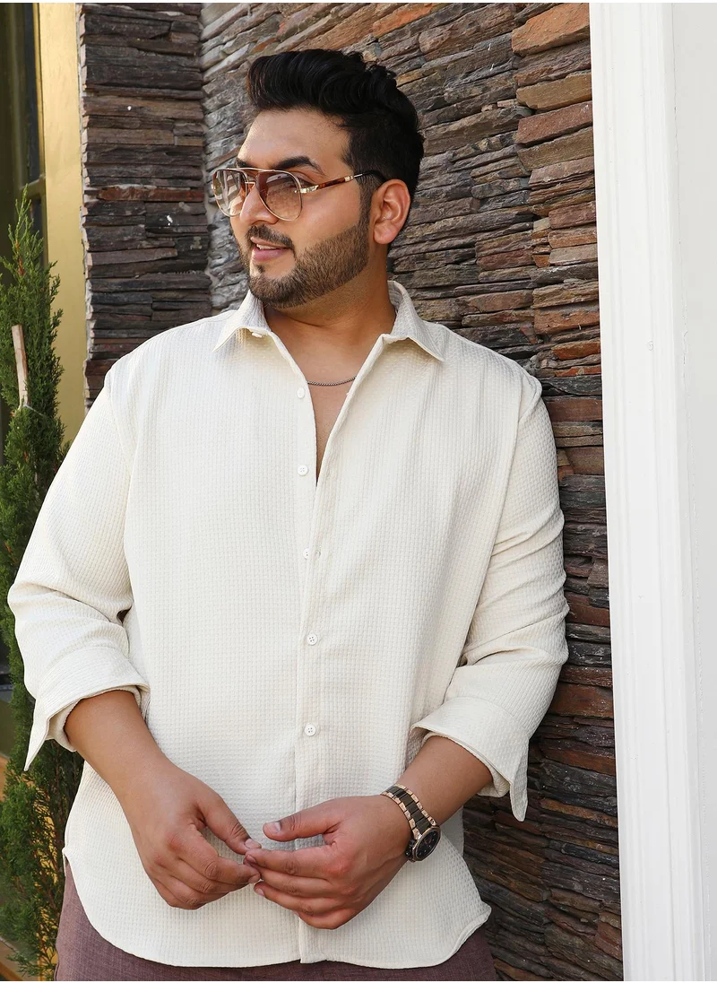 انستافاب بلس Instafab Plus Men's Off-White Interweave-Tactile Shirt For Casual Wear | Spread Collar | Long Cuffed Sleeves | Button Closure | Plus Size Shirt Crafted With Comfort Fit For Everyday Wear
