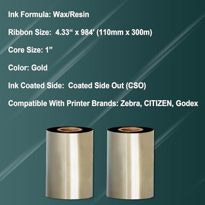 2 ROLLS 4.33" X 984'(110MM X 300M) GOLD, WAX/RESIN THERMAL TRANSFER RIBBON, CORE 1", INK OUTSIDE, BARCODE RIBBON COMPATIBLE WITH ZEBRA PRINTER - Image 2