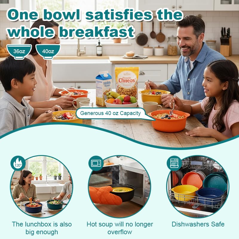 Oylnidea 4pcs Unbreakable Cereal Bowls- Microwave & Dishwasher Safe BPA-Free Plastic Striped Pot Bowls for Family, Kids, Camping - Non-Slip, Eco Wheat Straw Soup Bowls (40oz) - Image 2