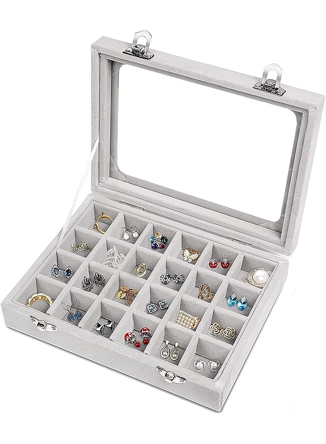 PROMASS Box, 24 Grid Velvet Jewelry Tray for Drawers Glass Clear Lid Showcase Display Storage Ring Trays Holder Earrings Organizer Case, Grey, 1 Pcs - Image 1