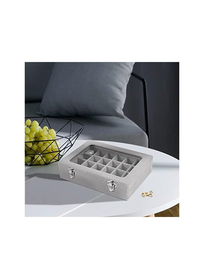 PROMASS Box, 24 Grid Velvet Jewelry Tray for Drawers Glass Clear Lid Showcase Display Storage Ring Trays Holder Earrings Organizer Case, Grey, 1 Pcs - Image 3
