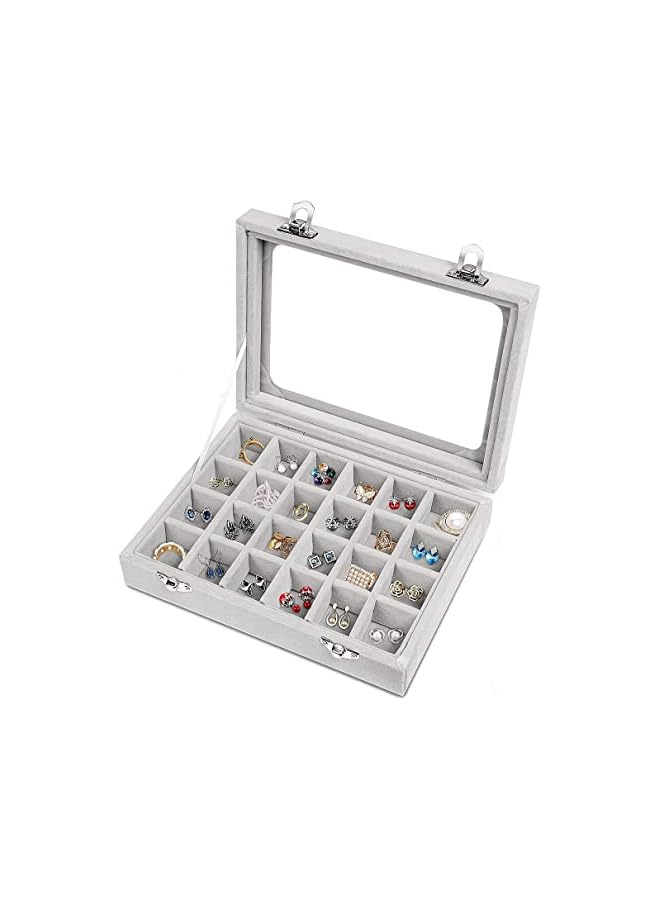 PROMASS Box, 24 Grid Velvet Jewelry Tray for Drawers Glass Clear Lid Showcase Display Storage Ring Trays Holder Earrings Organizer Case, Grey, 1 Pcs - Image 2