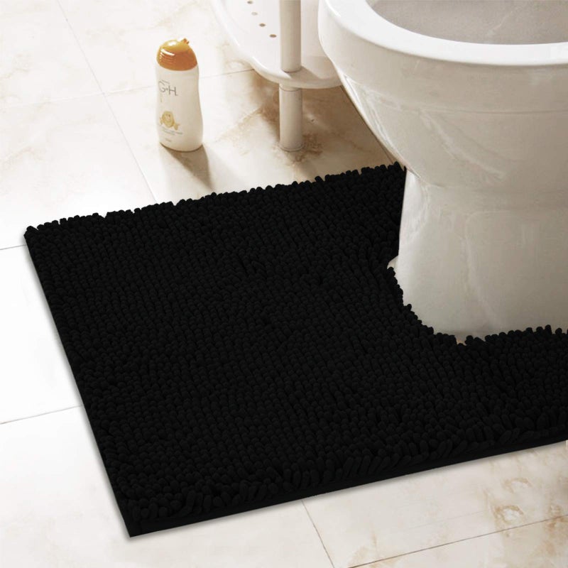 ITSOFT NonSlip Shaggy Chenille Toilet Contour Bathroom Rug with Water Absorbent 24 x 21 Inches UShaped Black