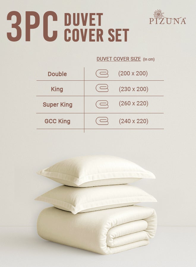 Pizuna Pure Combed Cotton GCC King Duvet Cover 220x240 cm New Ivory, 400 Thread Count Cool Breathable 100% Long Staple Cotton Sateen Weave Quilt Cover with 2 Pillowcases (White Bedding Set) - Image 3