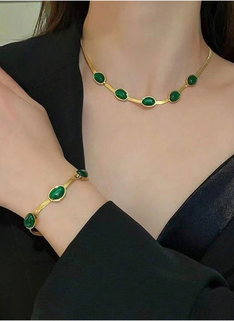 NEW STYLE - Luxury & Elegant 18k Gold Plated Necklace & Bracelet Jewelry Set For Women Inlaid With Green Jade Stone - Image 1