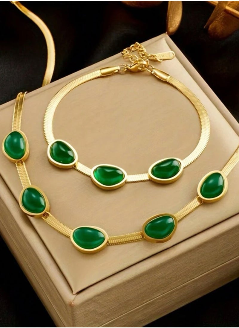 NEW STYLE - Luxury & Elegant 18k Gold Plated Necklace & Bracelet Jewelry Set For Women Inlaid With Green Jade Stone - Image 1