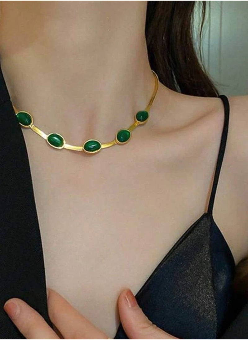NEW STYLE - Luxury & Elegant 18k Gold Plated Necklace & Bracelet Jewelry Set For Women Inlaid With Green Jade Stone - Image 1