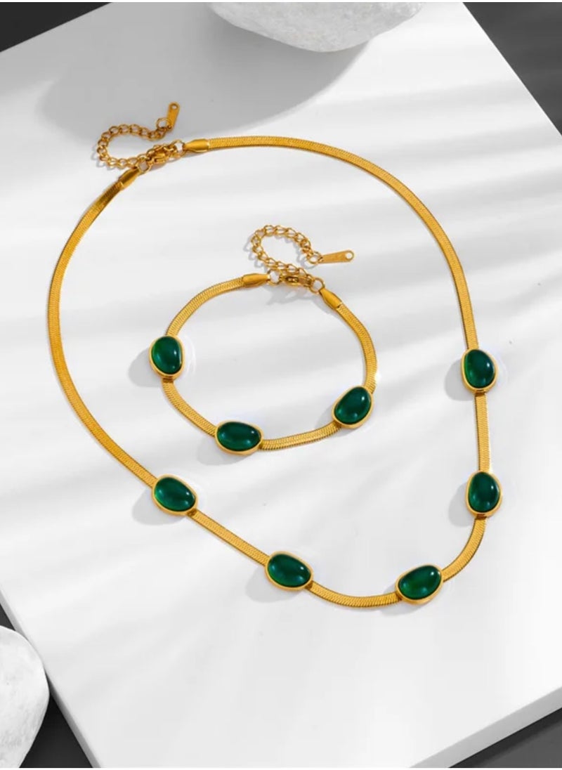 NEW STYLE - Luxury & Elegant 18k Gold Plated Necklace & Bracelet Jewelry Set For Women Inlaid With Green Jade Stone - Image 1