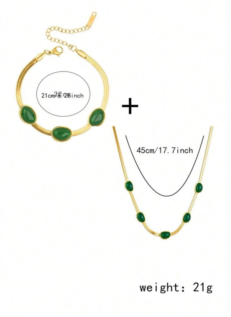 NEW STYLE - Luxury & Elegant 18k Gold Plated Necklace & Bracelet Jewelry Set For Women Inlaid With Green Jade Stone - Image 1