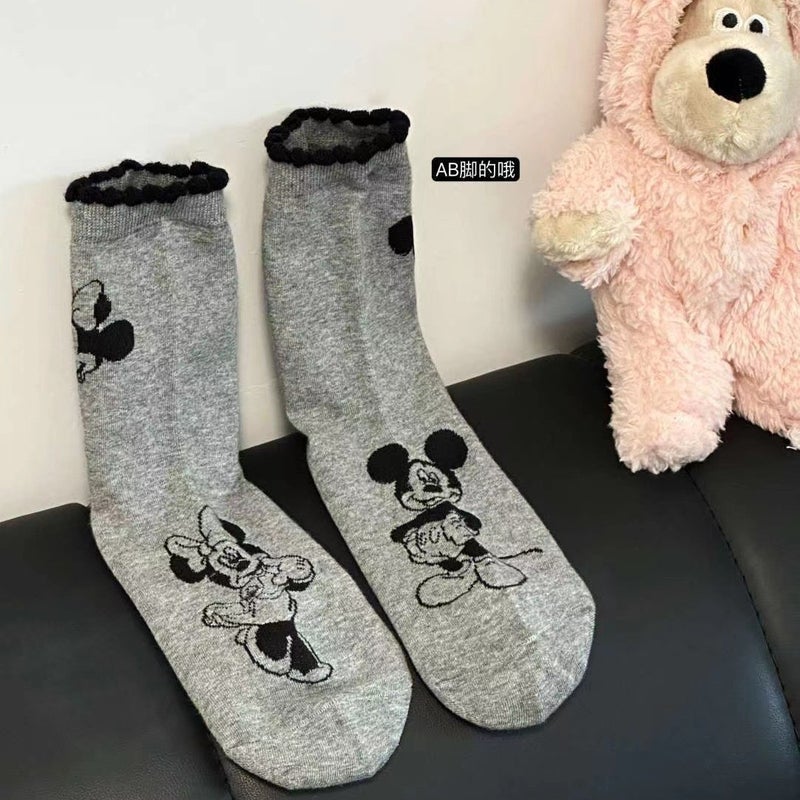 Cute Mickey Minnie Cartoon Mid-Calf Socks Black  - Image 5