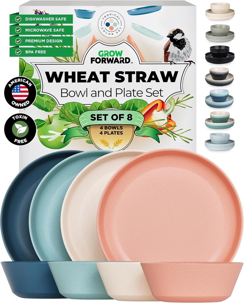 Grow Forward Premium Wheat Straw Plates and Bowls Sets - 8-Piece Wheat Straw Dinnerware Sets - Unbreakable & Reusable Microwave Safe Plastic Dinner Plates for Outdoors, RV, Camping Dishes - Tropical - Image 1