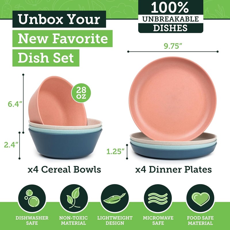 Grow Forward Premium Wheat Straw Plates and Bowls Sets - 8-Piece Wheat Straw Dinnerware Sets - Unbreakable & Reusable Microwave Safe Plastic Dinner Plates for Outdoors, RV, Camping Dishes - Tropical - Image 3
