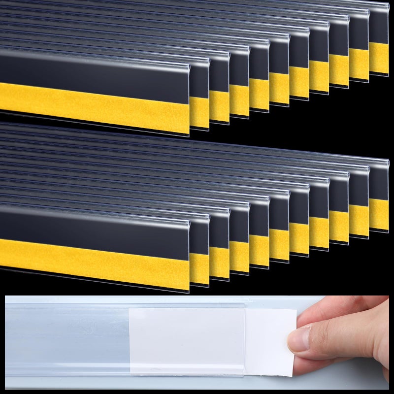 Fainne 25 Pcs Shelf Label Strips 1.25''H x 27" L Self Adhesive Shelf Label Holder Gondola Price Tag Stick on Plastic Clear Ticket Channel for Metal Wood Plastic Rack(White) - Image 1