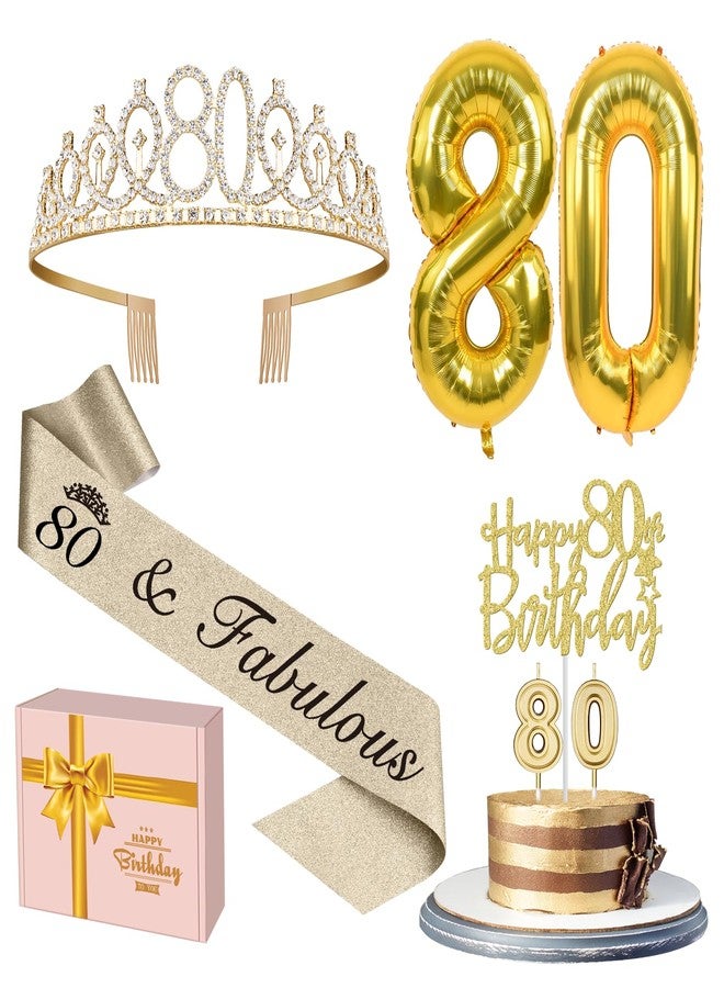 YeohJoy 80th Birthday Decorations for Women Gold with 80th Birthday Sash and Tiara, Cake Topper and Candles, Number Balloons, 80 Year Old Gifts for Women - Image 1