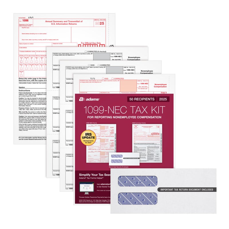 Adams 1099 NEC Forms 2025, 3-Part Kit for 50 Recipients, Includes 50 Envelopes, 6 1096 Forms, Compatible with QuickBooks and Other Accounting Software (1017231) - Image 1