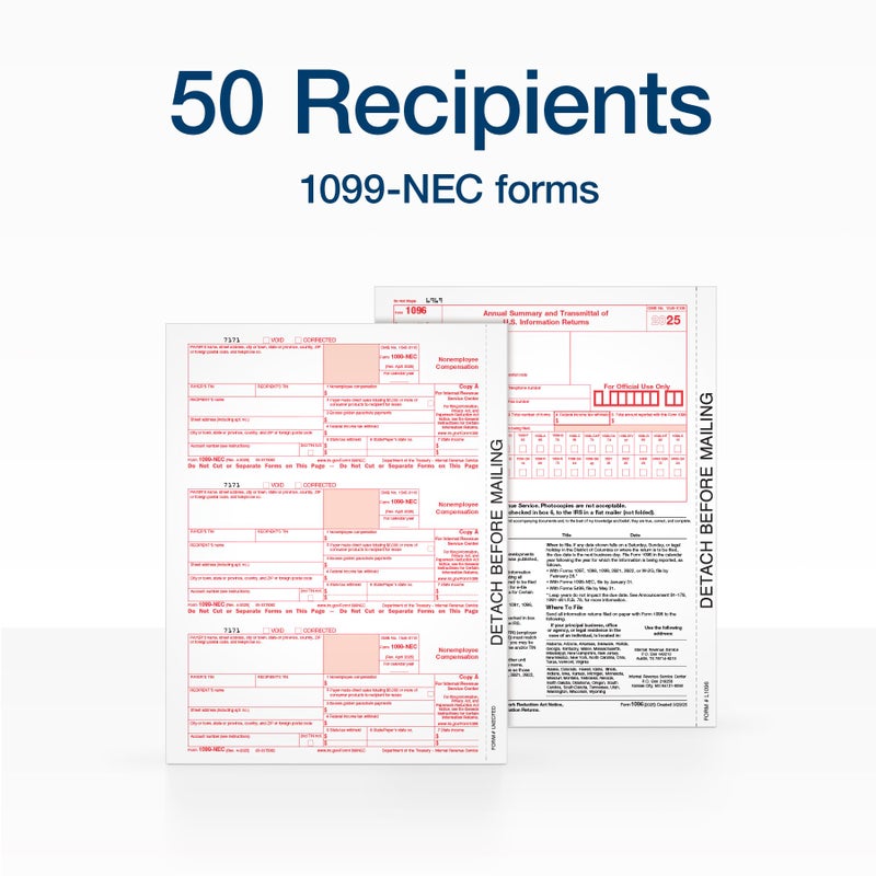 Adams 1099 NEC Forms 2025, 3-Part Kit for 50 Recipients, Includes 50 Envelopes, 6 1096 Forms, Compatible with QuickBooks and Other Accounting Software (1017231) - Image 2