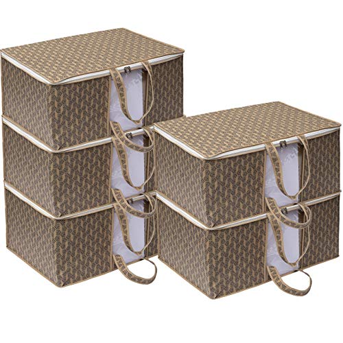 Homestrap Printed Underbed Storage Bag/Organizer/Blanket Cover (Beige|Pack of 5) - Image 1