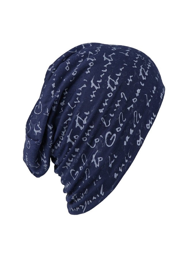 iSWEVEN Men's Beanies Cotton Slouchy Skull Summer Blended Free Size Blue Beanie Cap for Men Women Boys (7013B-White Text) - Image 2