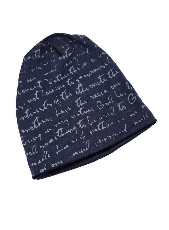 iSWEVEN Men's Beanies Cotton Slouchy Skull Summer Blended Free Size Blue Beanie Cap for Men Women Boys (7013B-White Text) - Image 3