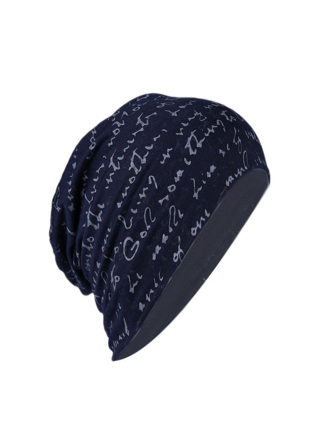 iSWEVEN Men's Beanies Cotton Slouchy Skull Summer Blended Free Size Blue Beanie Cap for Men Women Boys (7013B-White Text) - Image 1