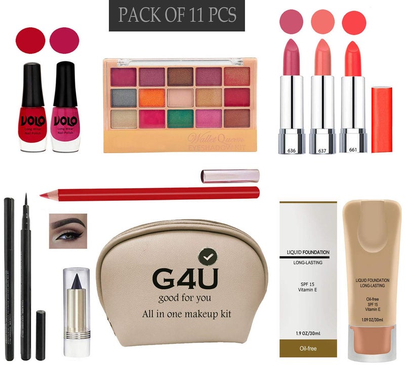 G4U G4U All In One Makeup kit for women 2 Nail Polishs3 LipsticksEyeshadowPenlinerKajal LiplinerFoundationPouch Pack of 11 NE08012021B24 - Image 1