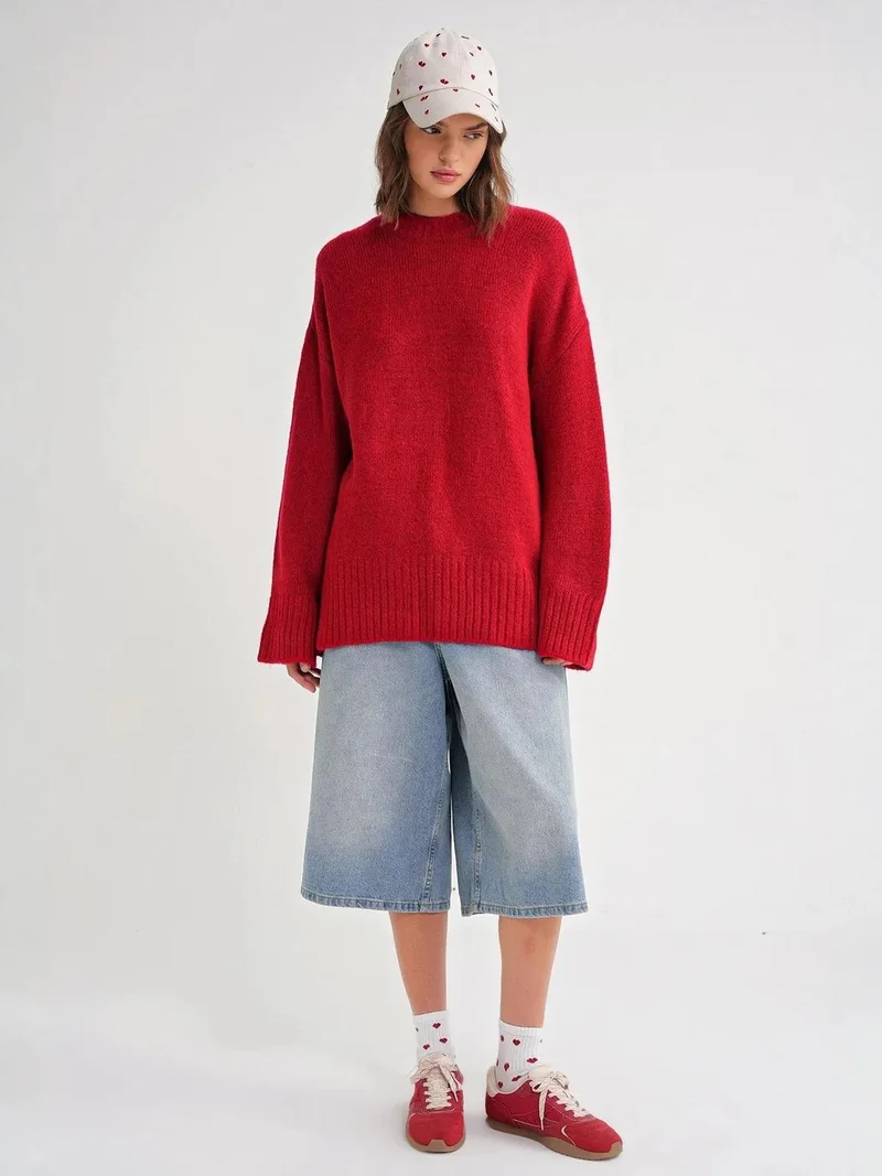 MixRay Mixray Oversized Ribbed Knit Sweater with Crew Neck