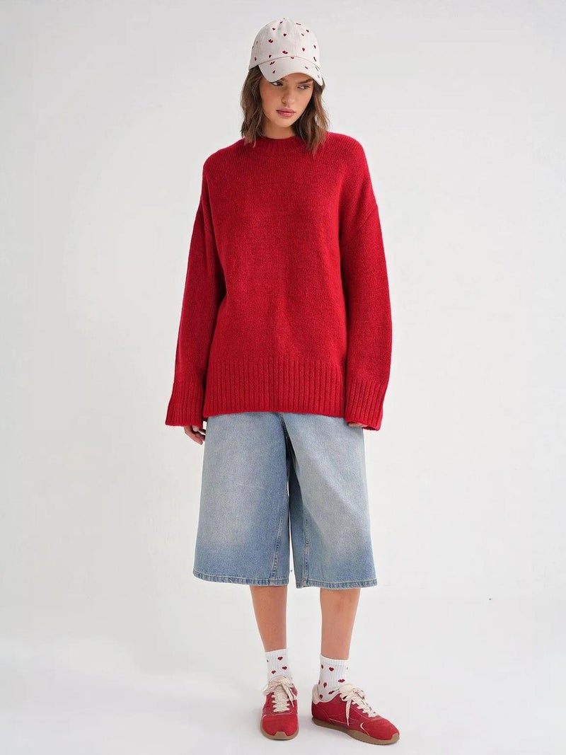 Mixray Oversized Ribbed Knit Sweater with Crew Neck - Image 2