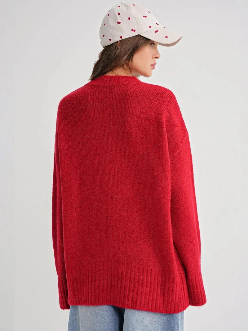 Mixray Red Mixray Oversized Ribbed Knit Sweater with Crew Neck for Women | Best Price UAE