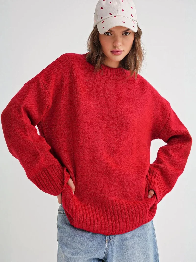 MixRay Mixray Oversized Ribbed Knit Sweater with Crew Neck