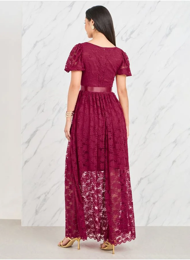 Styli Lace Detail Belted A-Line Maxi Dress