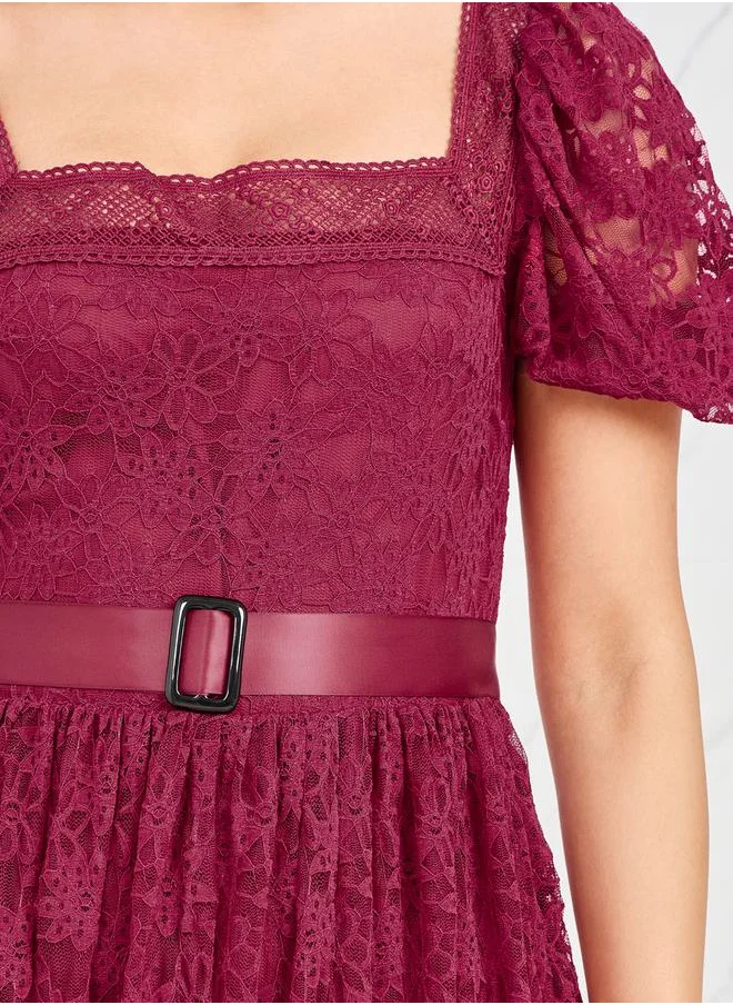 Styli Lace Detail Belted A-Line Maxi Dress