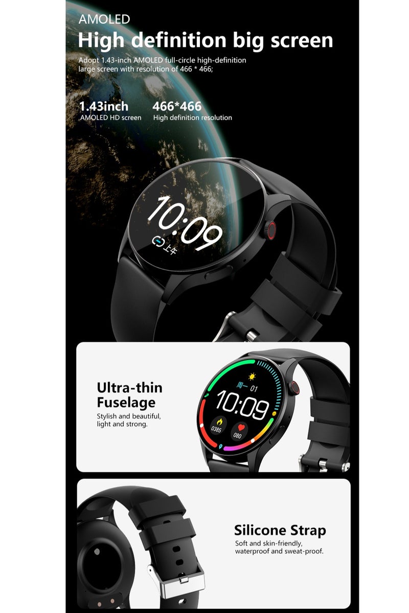 Smart Watch AMOLED Display Bluetooth Compatible Call Temperature Blood Pressure Sleep Monitoring Watch Blood Glucose Monitoring BLUE - Image 3