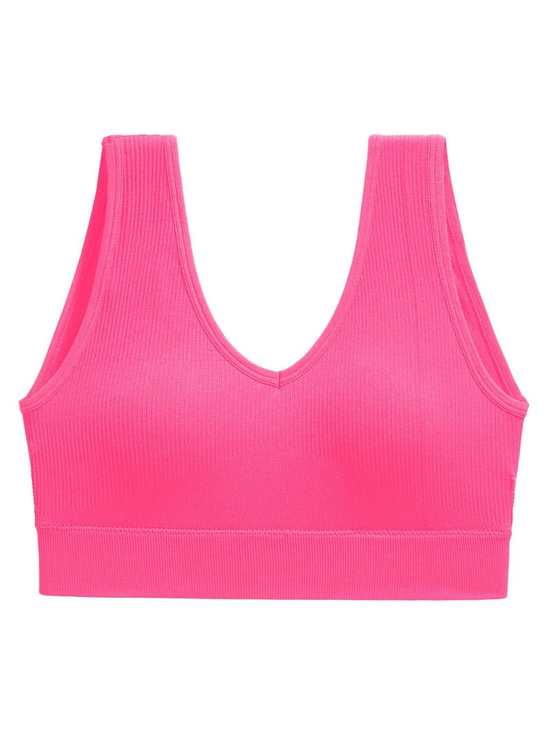 Loquat Women's Solid Color Seamless Wireless Bra Sports Fitness Bra With Elastic Wide Shoulder Straps Pink