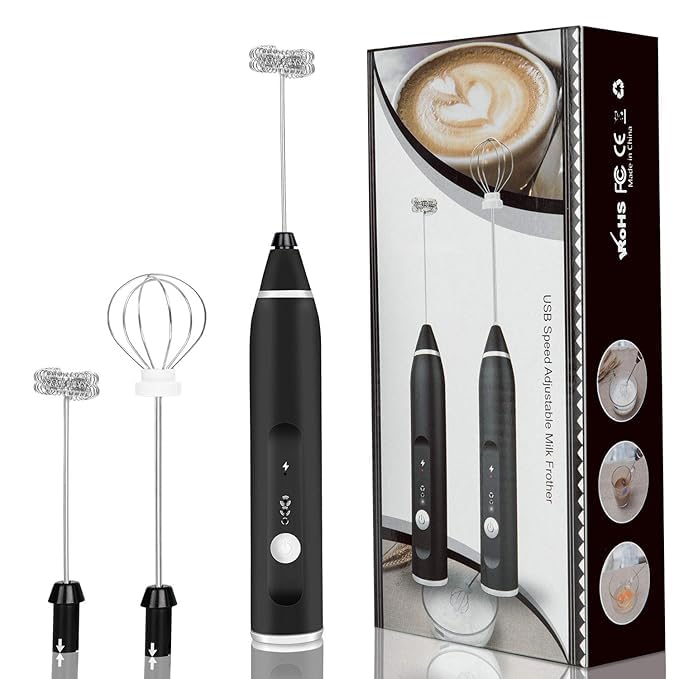 DORATIK Milk Frother USB Rechargeable Handheld Electric Foam Maker with 3 Stainless Whisks 3Speed Adjustable Perfect for Bulletproof Coffee Lattes Cappuccino Matcha Hot Chocolate - Image 1
