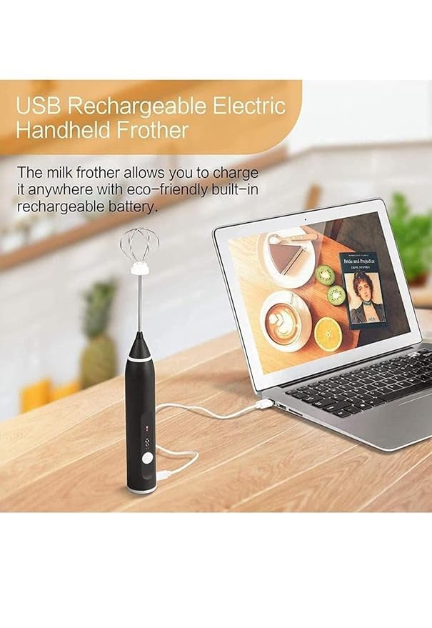 DORATIK Milk Frother USB Rechargeable Handheld Electric Foam Maker with 3 Stainless Whisks 3Speed Adjustable Perfect for Bulletproof Coffee Lattes Cappuccino Matcha Hot Chocolate - Image 3