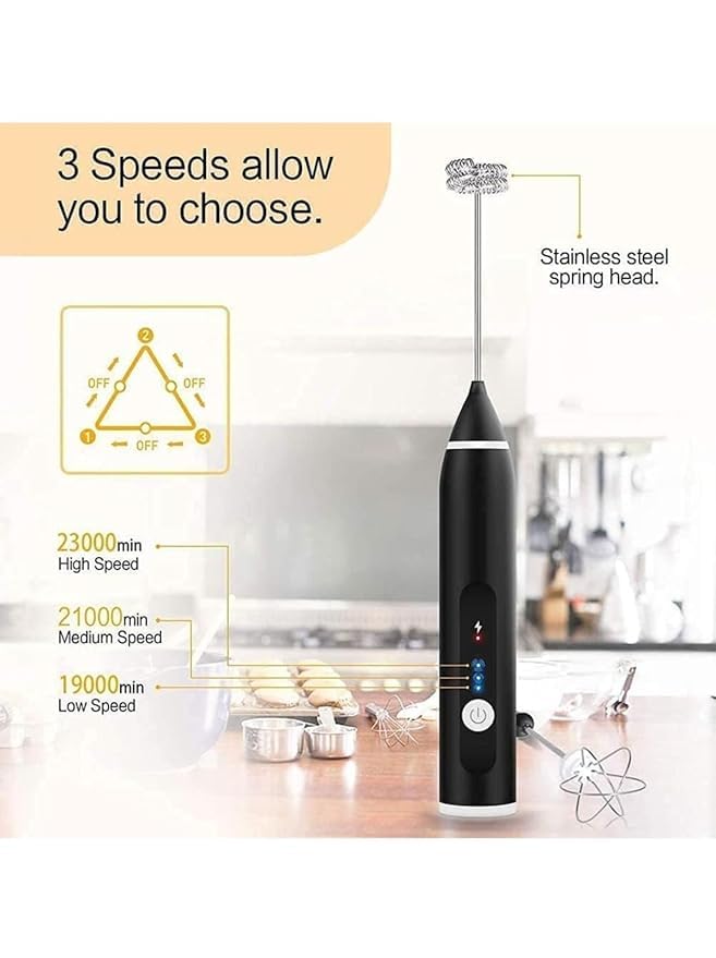 DORATIK Milk Frother USB Rechargeable Handheld Electric Foam Maker with 3 Stainless Whisks 3Speed Adjustable Perfect for Bulletproof Coffee Lattes Cappuccino Matcha Hot Chocolate - Image 2