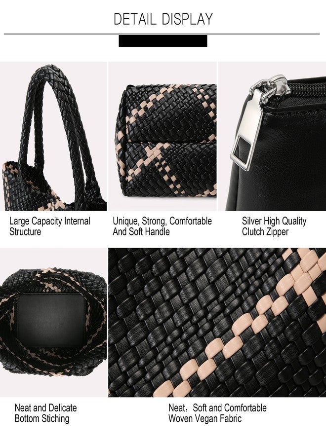 Queenoris Fashion Woven Tote Bag for Women, Shopper Bag Soft Vegan Leather Hand-woven Handbag with Purse (Black+White Embellishment) - Image 5