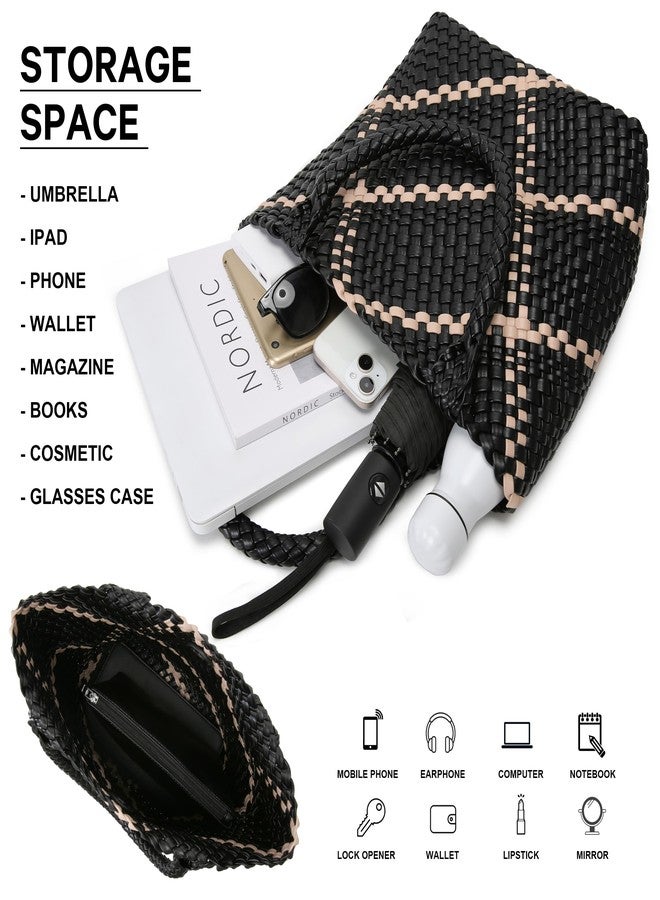Queenoris Fashion Woven Tote Bag for Women, Shopper Bag Soft Vegan Leather Hand-woven Handbag with Purse (Black+White Embellishment) - Image 4