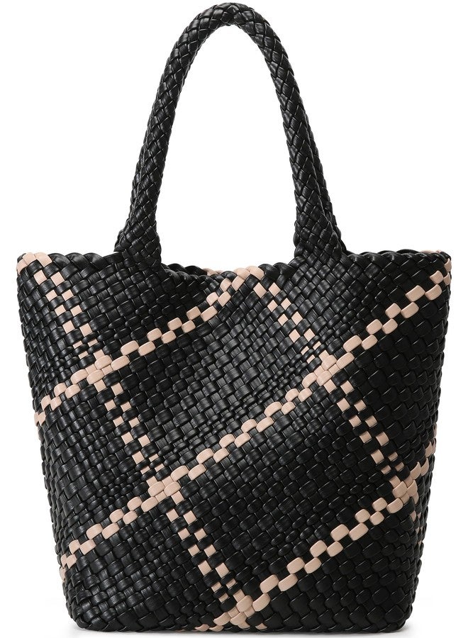 Queenoris Fashion Woven Tote Bag for Women, Shopper Bag Soft Vegan Leather Hand-woven Handbag with Purse (Black+White Embellishment) - Image 1
