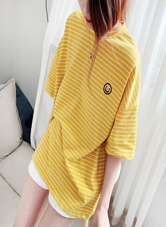 Wiz BBQT Matching Dog and Owner Clothes,Yellow Striped Women Shirt Short Sleeve,Cotton Women Summer Shirt Crewneck,Casual Summer Tops Loose Fit(Owner S) - Image 2