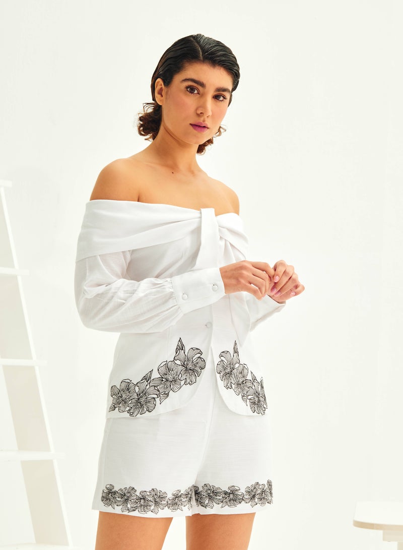 Ashita Fernandes Ashita Fernandes Ariana Top for women – Off-Shoulder, Long Sleeves, Embroidered Garden Silhouette, Relaxed Fit with Uneven Hem, 100% Linen, Wrinkle-Resistant & Sustainable, White Floral Design  - Image 3