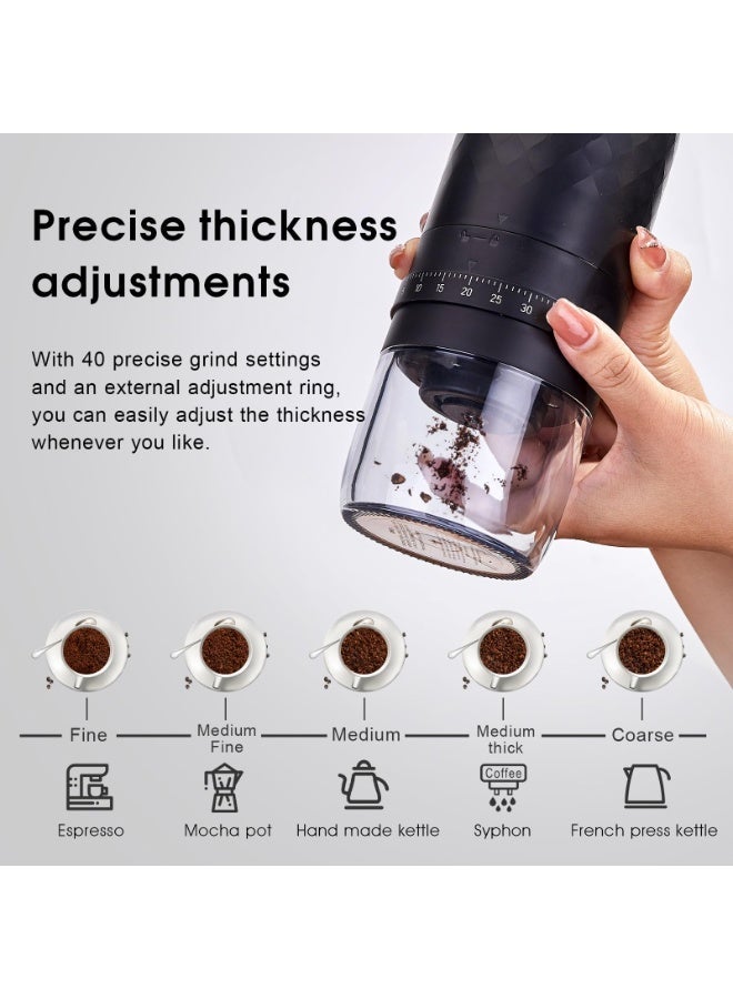 ميرتيب مطحنة قهوة كهربائية محمولة مع 40 إعداد طحن قابل للتعديل، طاحونة حبوب البن ذات ريشة مخروطية قابلة لإعادة الشحن، فرشة تنظيف، غطاء كوب القهوة المطحونة، للاستخدام المنزلي والسفر والتخييم - Image 3